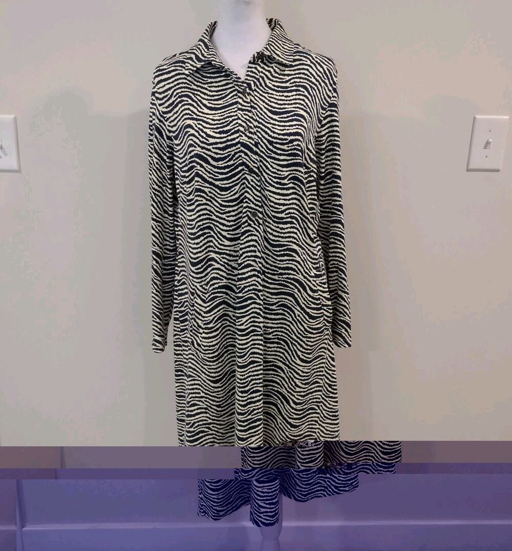 J McLaughlin Catalina Cloth Dress Women L Zebra Animal Print Long Sleeve Blue